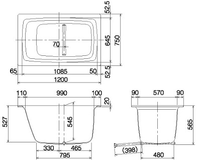 直焚き浴槽DH120：省エネタイプ 寸法図