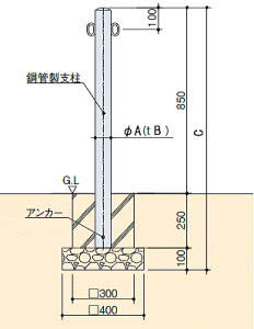 エコノミー スチールポール型車止め 固定式両耳タイプの設置図