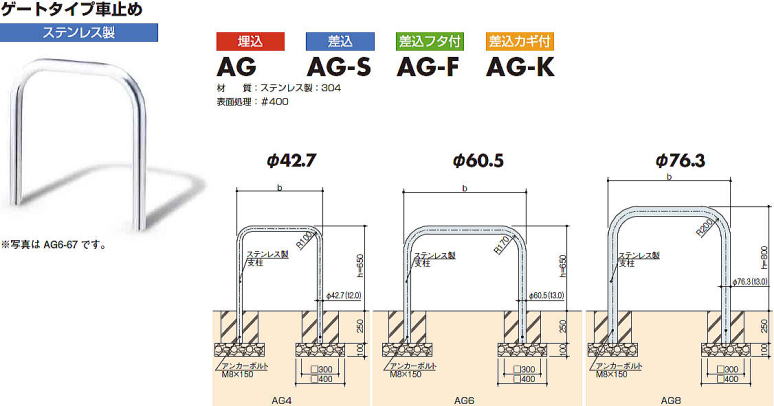 CHUBU ゲートタイプステン車止め バーなし AG