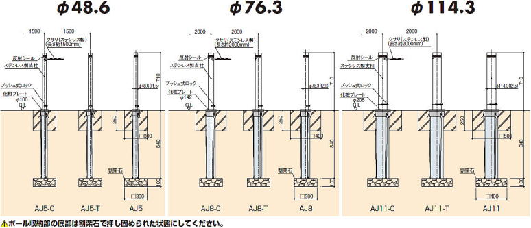 CHUBU 上下式ステン車止め AJ 寸法図