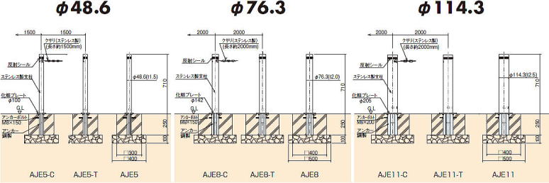 CHUBU 固定式ステン車止め AJE 寸法図