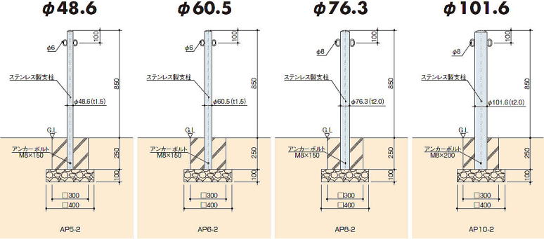 CHUBU ポールタイプステン車止め AP 寸法図