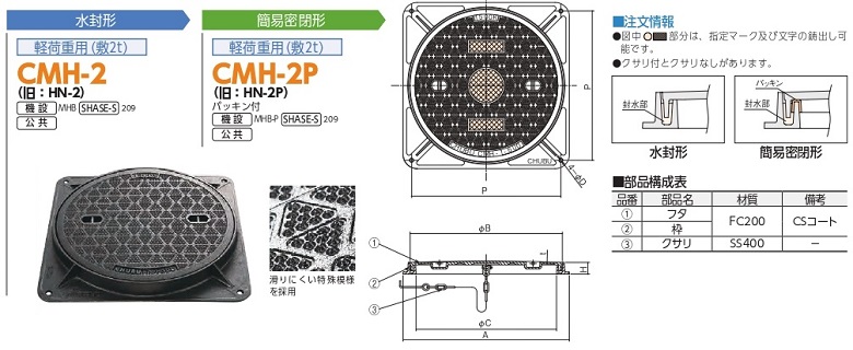 中部コーポレーション 一般型角枠マンホール蓋 CMH2タイプ(2トン用)