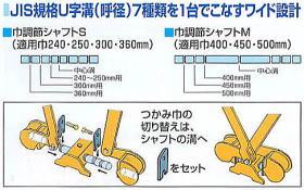 内吊ワイド7 JIS規格U字溝（呼径）７種類を1台でこなすワイド設計